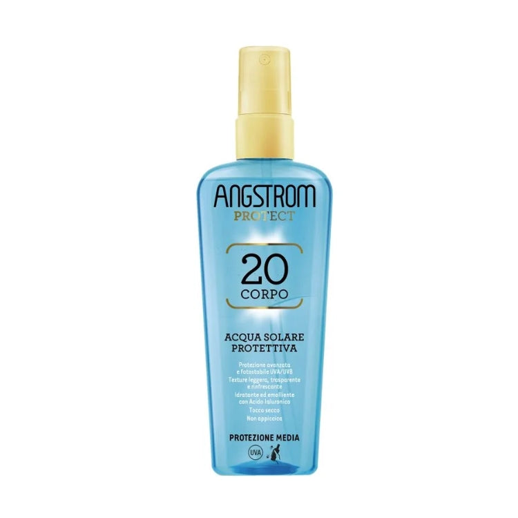 Angstrom - 20 Corpo - Acqua Solare Protettiva - Protezione Avanzata & Fotostabile UVA/UVB - Textura Leggera Trasparente & Rinfrescante - Idratante Ed Emolliente Con Acido Ialuronico