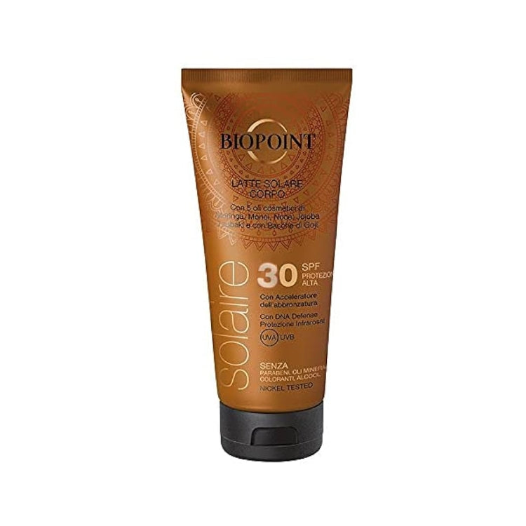 Biopoint - Solaire - Latte Solare Corpo - Con 5 Oli Cosmetici & Con Bacche Di Goji - Con Acceleratore Di Abbronzatura - Con DNA Defence Protezione Infrarossi - Senza Oli Minerali Coloranti Alcool - Nickel Tested
