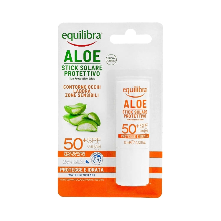 Equilibra - Aloe - Stick Solare Protettivo - Sun protective Stick - Contorno Occhi Labbra Zone Sensibili - Protegge & Idrata - Water Resistant - SPF 50+