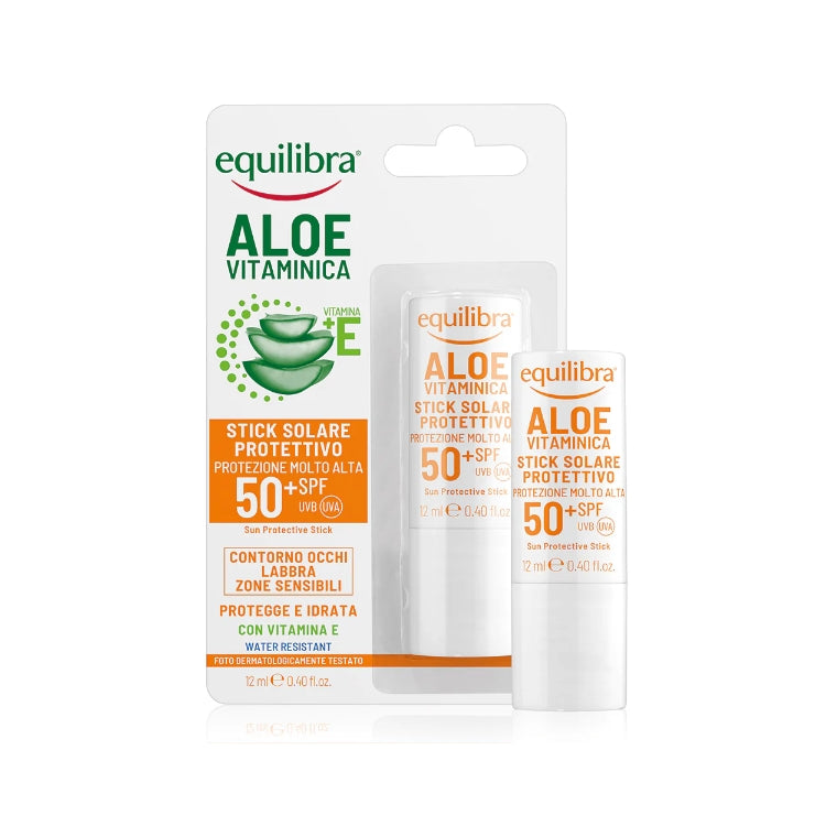 Equilibra - Aloe Vitaminica - Stick Solare Protettivo - Sun protective Stick - Contorno Occhi Labbra Zone Sensibili - Protegge & Idrata - Water Resistant - SPF 50+