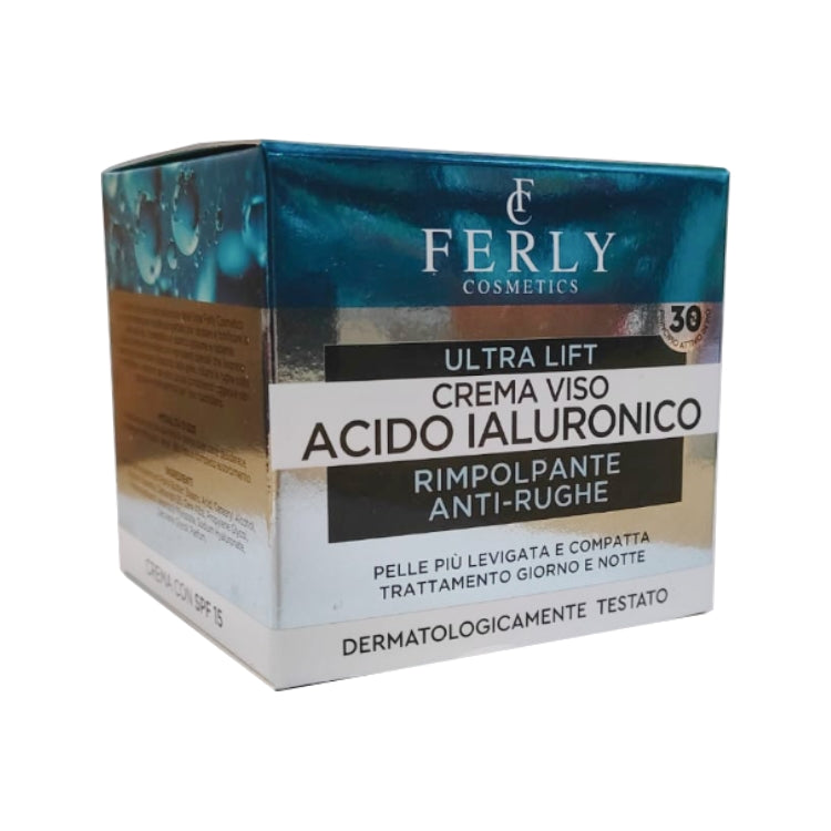 Ferly Cosmetics - Ultra Lift - Crema Viso Acido Ialuronico - Rimpolpante Anti-Rughe - Pelle Più Levigata & Compatta - Trattamento Giorno & Notte - Dermatologicamente Testato - SPF 15