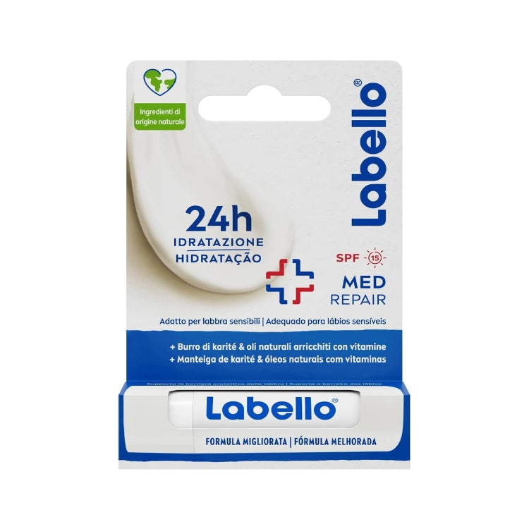 Labello - Med Repair - Balsamo Labbra - 24H+ Idratazione - Adatto Per Labbra Sensibili - + Burro DI Karité & Oli Naturali Arricchiti Con Vitamine - SPF 15