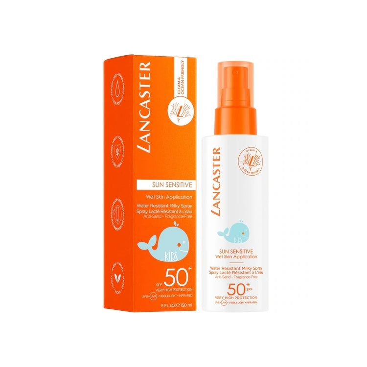Lancaster - Sun Sensitive - Wet Skin Application - Water Resistant Milky Spray - Spray Lacté Résistant À L'Eau - Anti-Sand - Fragrance-Free - SPF 50+ - Kids