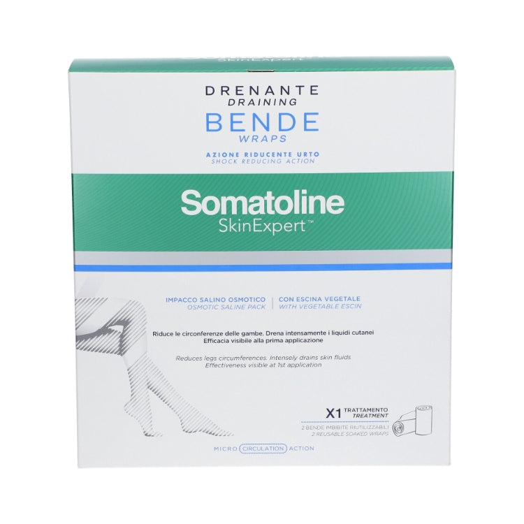Somatoline Cosmetic - Skin Expert - Drenante Draining - Bende - Wraps - Azione Riducente Urto - Shock Reducing Action - Impacco Salino Osmotico - Osmotic Saline Pack - Riduce Le Circonferenze Delle Gambe - Drena Intensamente I Liquidi Cutanei